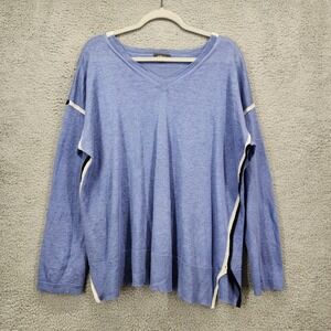 Pure Amici Blue 100% Linen V-Neck Sweater Womens Large Contrast Stripe Relaxed